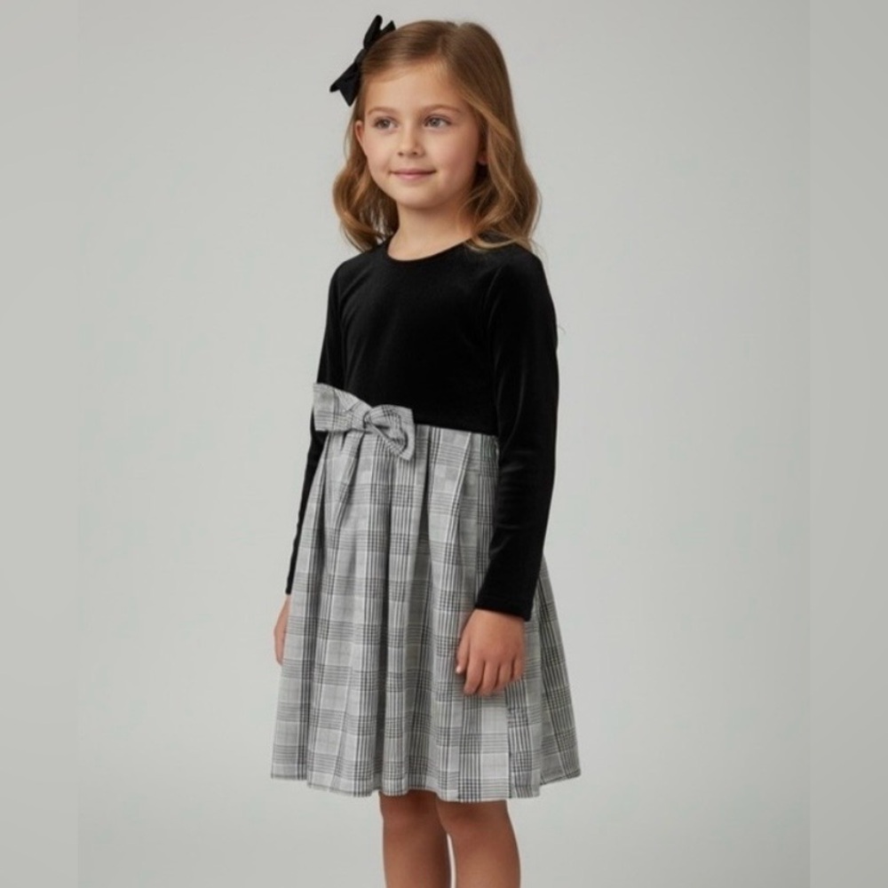 SHEIN Girls Black & White Plaid & Velvet Dress Size 8